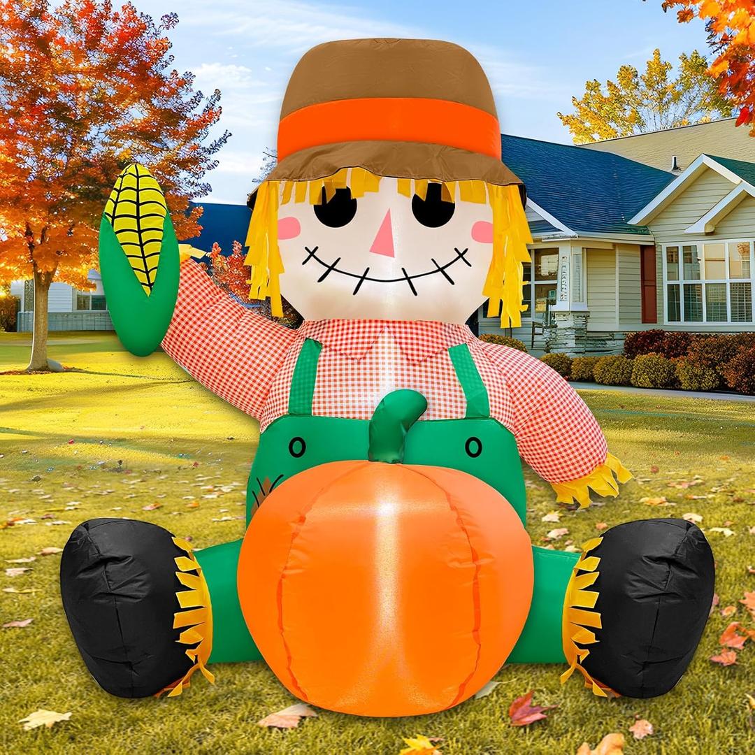TURNMEON 4FT Fall Thanksgiving Inflatables Scarecrow Outdoor Decoration, Blow Up Fall Harvest Scarecrow Hold Corn Yard Decorations Built-in LED Fall Autumn Harvest Thanksgiving Decor Party Garden Lawn