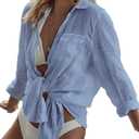 Bsubseach Women Long Sleeve Beach Shirt Blouses Bathing Suit Cover Up Button Down Collar One Size
