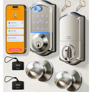 Veise VE017-K Fingerprint Smart Lock with 2 Knobs, App Control, Keyless Entry Front Door Lock Set, Electronic Touchscreen Keypad Deadbolt, Emergency Power Port, Easy Install, Auto-Lock, Satin Nickel