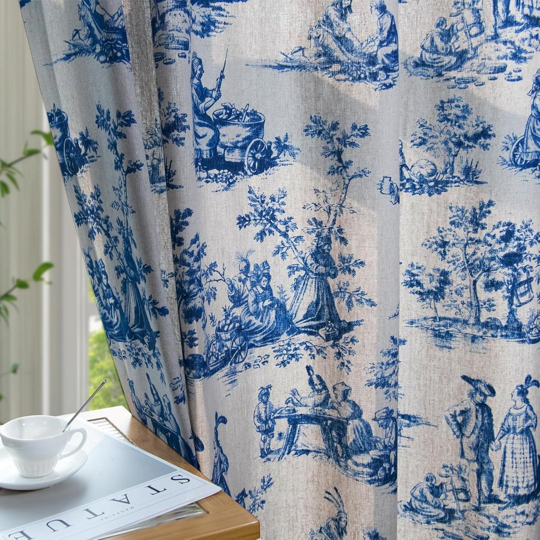 Blue Toile Curtains for Living Room 63 Inch Length 2 Panels Set Linen Toile de Jouy French Country Vintage Victorian Window Curtain Drapes for Bedroom Grommet