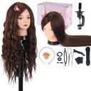 Mannequin Head Human Hair, Beauty Star Doll Head for Practice Hair Styling, 80% Real Hair Cosmetology Makeup Hairdressing Training Manicanequin Head with Clamp Stand + DIY Braiding Set (Dark Brown)