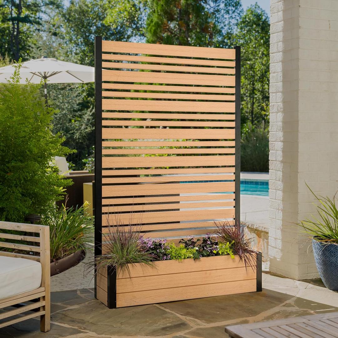 6ft H x 3.8ft W x 1ft L (1 Screen w/Planter) Freestanding Enclo Florence Cedar Color Patio Privacy Screen with Planter Box, Privacy Planters for Patio, Privacy Wall Outdoor Privacy Screen, EC18024
