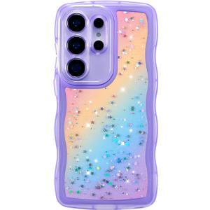 ZTOFERA for Samsung Galaxy S26 Ultra 5G Case 6.9",Cute Curly Wave Case with Glitter Rainbow Star,Clear Shiny Bling Soft TPU Shockproof Phone Protective Cover for Galaxy S26 Ultra-Rainbow Purple