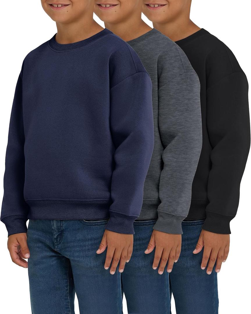 PURE CHAMP 3 Pack Boys Sweatshirts Long Sleeve Boy Crewneck Relaxed Soft Essentials Teen Pullover Sweaters For Youth Kids (Large, Black, Navy, Charcoal)
