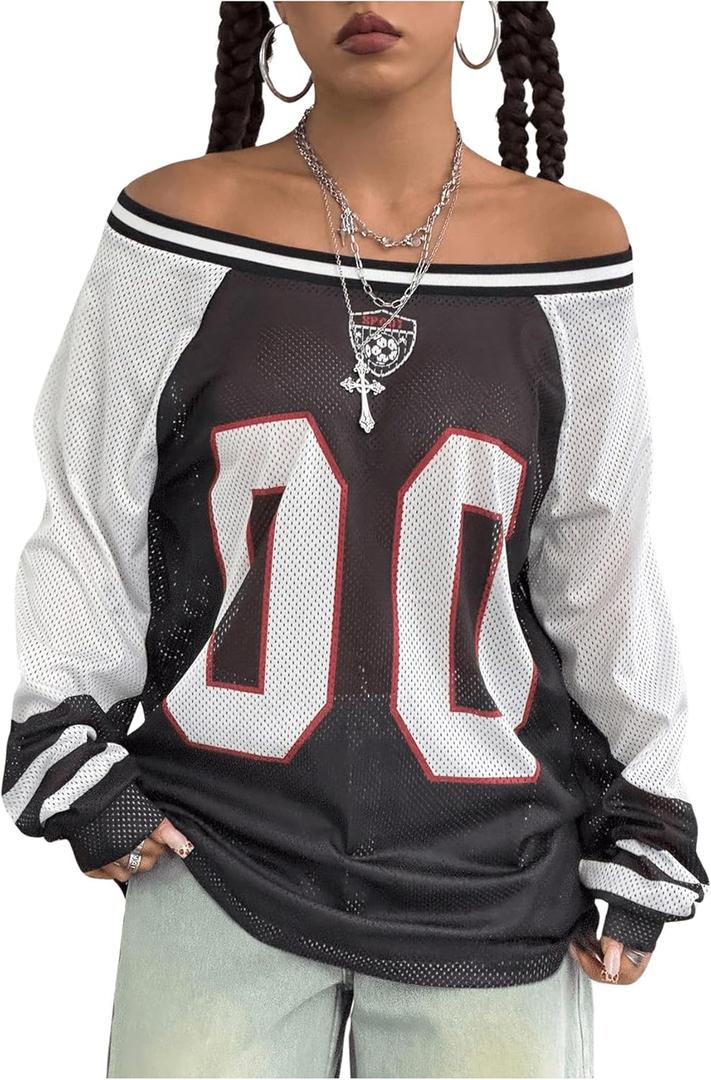 SHENHE Women's Oversized Graphic Jersey Shirt Y2k Off Shoulder Long Sleeve Top Streetwear (Medium, Black)