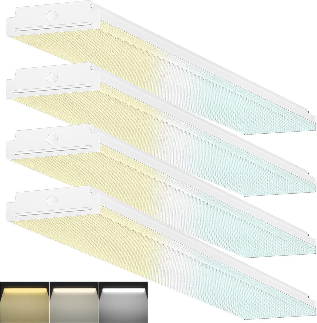 FaithSail Dimmable 4FT LED Wraparound, 4 Foot LED Light Fixture with 3 Watt/3 Lumen/3 CCT, 30W/40W/50W, 3500lm/4500lm/5500lm, 3000K/4000K/5000K, 48'' Flush Mount Light, Fluorescent Replacement, 4 Pack