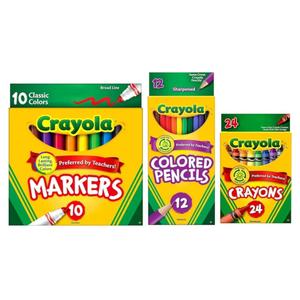 Crayola Classic Bundle: 3 Items - Crayons (24 Count), Broad Line Markers (10 Count), Colored Pencils (12 Count)
