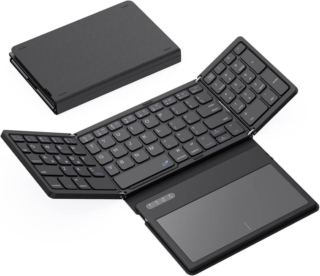 GEODMAER Foldable Bluetooth Keyboard, Portable Full Size Folding Keyboard with Large Touchpad, Numeric Keypad, PU Leather, Wireless TravelKeyboard for Windows Android Mac(Sync up to 3 Devices) (Black)