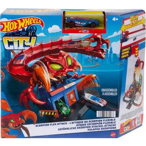 Hot Wheels Toy Car Track Set City Scorpion Flex Attack & 1:64 Scale Police Vehicle, Bendable Tail Extends 2.6 Ft., Connects to Other Sets