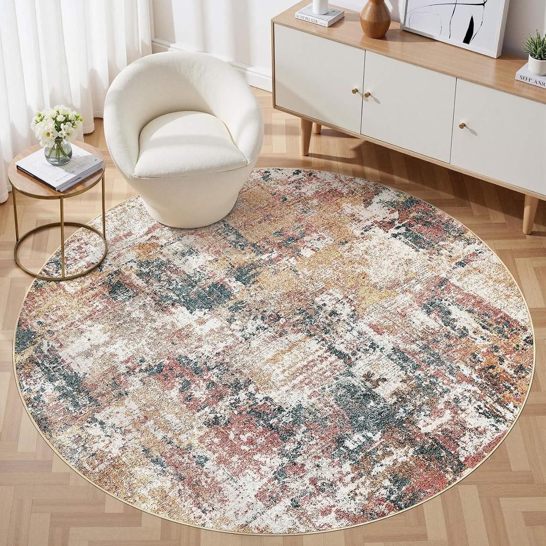 Tortania Washable 5' Round Area Rug for Living Room: Modern Abstract Neutral Large So' Thin Rugs - Non Slip Indoor Carpet for Bedroom Dining Room Office Nursery Home Floor Decoration - Colorful Multi