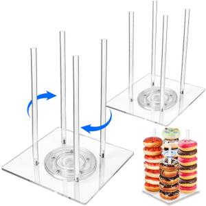 2 Pack Acrylic Donut Stand with Lazy Susan Turntable Tower Stand, Includes 2 Rotating Bases and 8 Support Rods, Perfect for Dessert Tables, Birthday, Wedding, Baby Shower, Party (2 Pack)