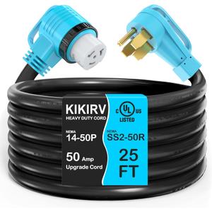 25 Feet 50 Amp RV/Generator Cord, UL Listed, 100% Copper Wire, Newly Designed 90Grip Handle, NEMA 14-50P to SS2-50R Twist Lock, 6/3+8/1 Gauge STW Wire 25 Feet 50 Amp RV/Generator Cord, UL Listed, 100% Copper Wire, Newly Designed 90Grip Handle, NEMA 14-50P to SS2-50R Twist Lock, 6/3+8/1 Gauge STW Wire