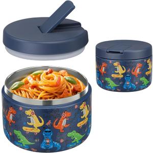 Pawtong 12oz Insulated Vacuum Food Jar with Buckle Lid Wide Mouth Soup Thermo for Hot Food Kids Leakproof Stainless Steel Lunch Container (Blue-Dinosaur)