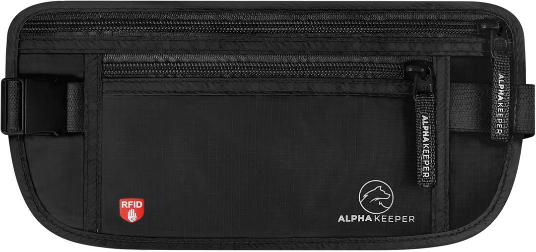 Alpha Keeper Money Belt for Travel Hidden Under Clothes  RFID Blocking Passport Holder & Slim Waist Wallet Pouch for Women & Men, Anti-Theft Travel Accessories (Strap sizes: 25" - 45" (Max Stretch 55"), Black)