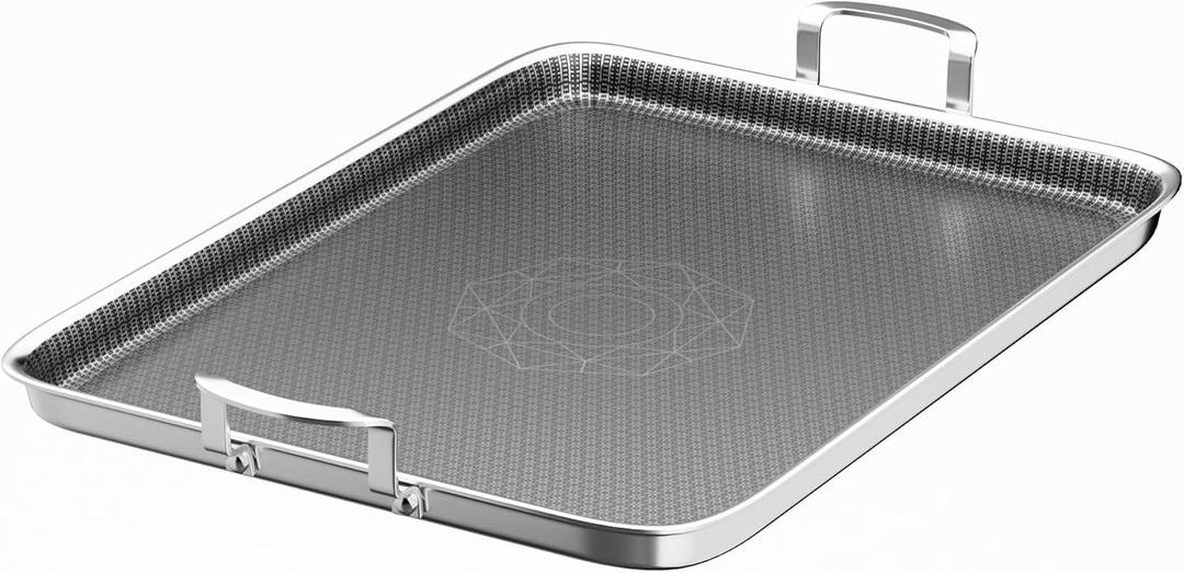 Cooker King 19 x 13 Inch Hybrid Honeycomb Stainless Steel Double Burner Griddle Pan, 3-Ply Nonstick Flat Top Grill Plate & Rectangular Roasting Pan, Metal Utensil Safe, Induction Ready, Oven-Safe