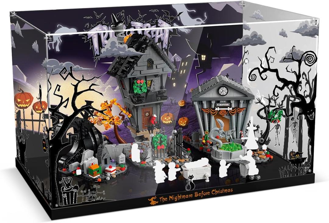 Display Case for Lego 21351 Tim Burton's The Nightmare Before Christmas Building Set - Acrylic Box with Crystal Nut Design & Printed Background (Case Only, Model Not Included)