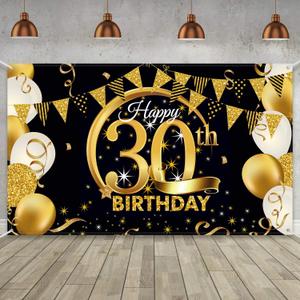 Birthday Party Decoration Extra Large Fabric Black Gold Sign Poster for Anniversary Photo Booth Backdrop Background Banner, Birthday Party Supplies, 72.8 x 43.3 Inch (30th)