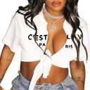 Sexy Graphic Crop Tops for Women Summer Short Sleeve Tie up Tee Shirt (Medium, Cest White)