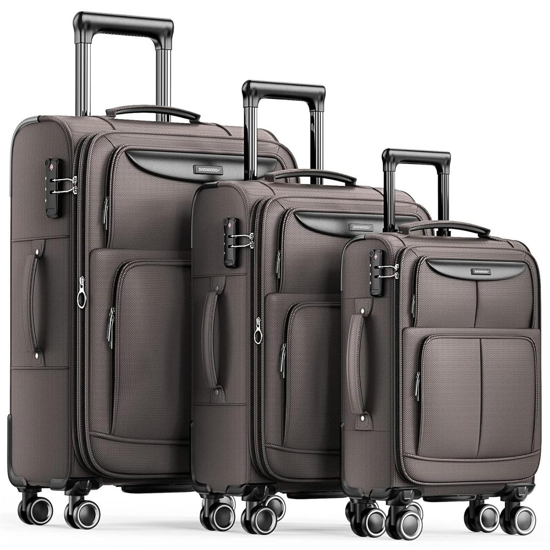 SHOWKOO Luggage Sets 3 Piece Softside Expandable Lightweight Durable Suitcase Sets Double Spinner Wheels TSA Lock Black (20in/24in/28in)