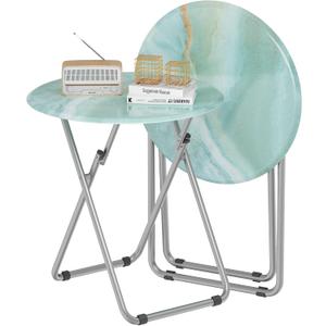 TV Tray Round Table, Small Foldable Table, Portable Dinner Table for Eating, Snack Side Trays Table Set of 2, No Assembly Required (Ocean Blue Marble, 2Pcs)