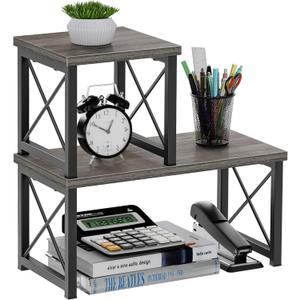 Honiter Desk Shelf for Top of Desk, Wood Desktop Shelf, 2 Tier Adjustable Bookshelf Organizer, Freestanding Stackable Desk Stand Storage Organizers Kitchen Counter Display Rack