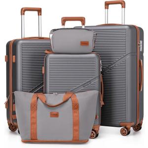 Cosbarn 5 Piece Luggage Sets with Spinner Wheels, Hardshell ABS Suitcase Set with Tsa Lock, Lightweight Hardside Waterproof Travel Suitcases for Men Women, Grey (20"/24"/28")