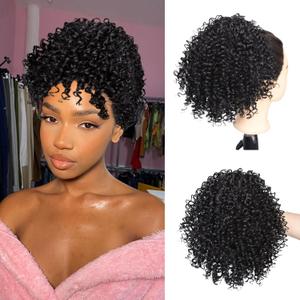 Curly Drawstring Ponytail Extension for Black Women Short Kinky Curly Ponytail Drawstring Synthetic Black Pony Tails Hair Extensions Curly Messy Buns Hair Pieces for Women 1B#