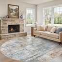 UERMEI 8ft Round Area Rug for Living Room: 8x8 Washable Neutral Abstract Modern Soft Circle Rugs Non Slip Indoor Floor Stain Resistant Carpet for Bedroom Dining Room Office Nursery Blue Brown