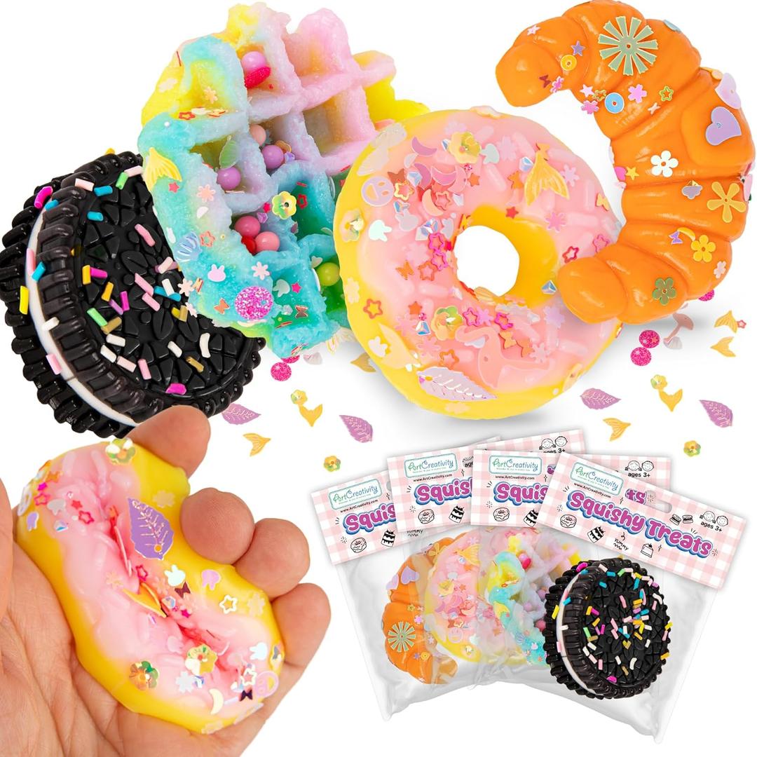 ArtCreativity Squishy Treats Fidget Toys for Kids and Adults - 4 Pack - Super Soft Squishy Dessert Include Sandwich Cookie, Donut, Croissant, and Waffle - Squeeze Toys for Stress Relief and Anxiety