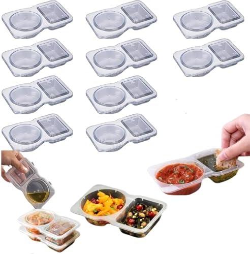 Pack Of 2 Uioecn 10PCS Double Compartment Condiment Container,Double Compartment Condiment Container with Lids, 2 Compartment Snack Containers, Portable Reusable Sauce Containers