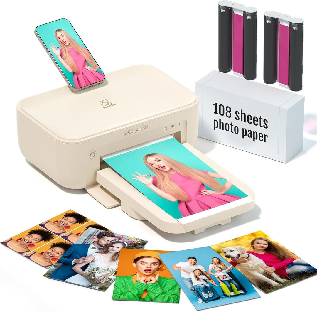 iDPRT 46 Photo Printer, Portable Color Picture Printer, Thermal Sublimation Mini Picture Printer, Bundle 108 Sheets Photo Paper & 2 Ribbon Cassette, Photo Printer for iPhone & Android (Beige)