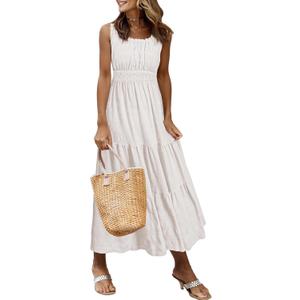 AlvaQ Women Summer Dresses Sleeveless Smocked Midi Dress High Waist Casual Tiered A Line Sundress with Pockets (Red, S)