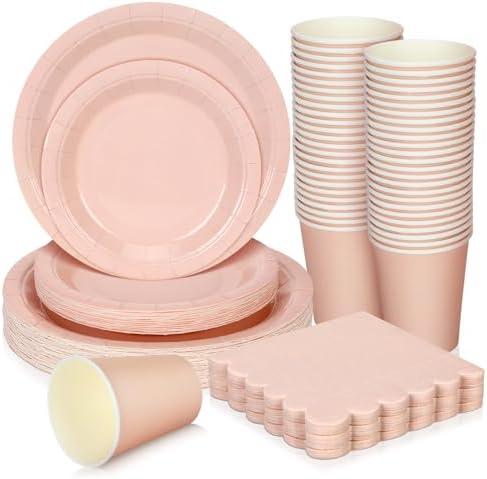 Ziliny 150 Pcs Disposable Party Dinnerware Supplies Set Includes 7'' 9'' Disposable Paper Plates 9oz Paper Cups Scalloped Cocktail Napkins for Baby Shower Birthday Wedding (Light Pink)