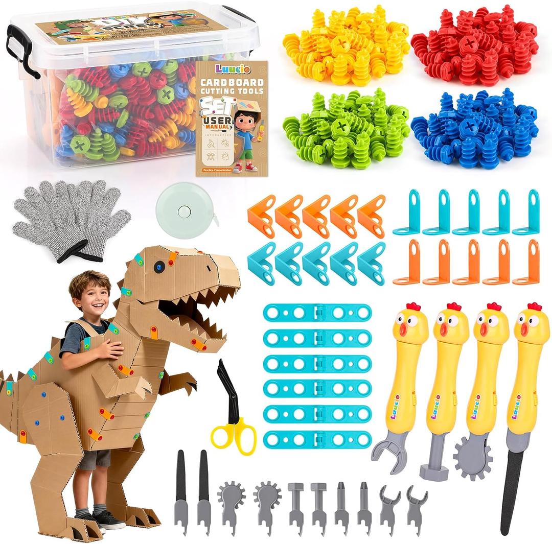 196 PCS Cardboard Cutter for Kids, Reusable Safe Cardboard Tools for Kids with Box, Gloves, Screws, Connectors, Screwdrivers, Saws, Educational Toys for 5 6 7 8 Year Old, Birthday Gift for Boys Girls