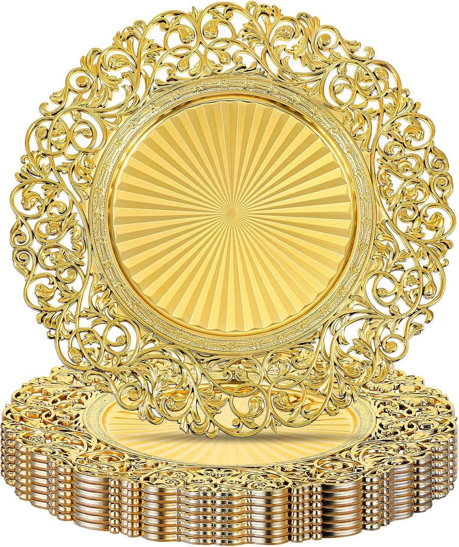 MAQUITA 8 Pcs Antique Gold Charger Plates, 13" Round Plastic Dinner Chargers, Decorative Hollowed Out Flowers Serving Plates for Dinner, Wedding, Table Setting, Elegant Tableware Decor