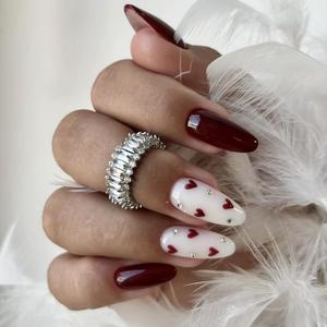 24Pcs Valentines Heart Press on Nails Medium Long Fake Nails with Red Love Heart Rhinestone Design Valentines Almond False Nails Red White Full Cover Nails Press ons Cute Love Glue on Nail for Women