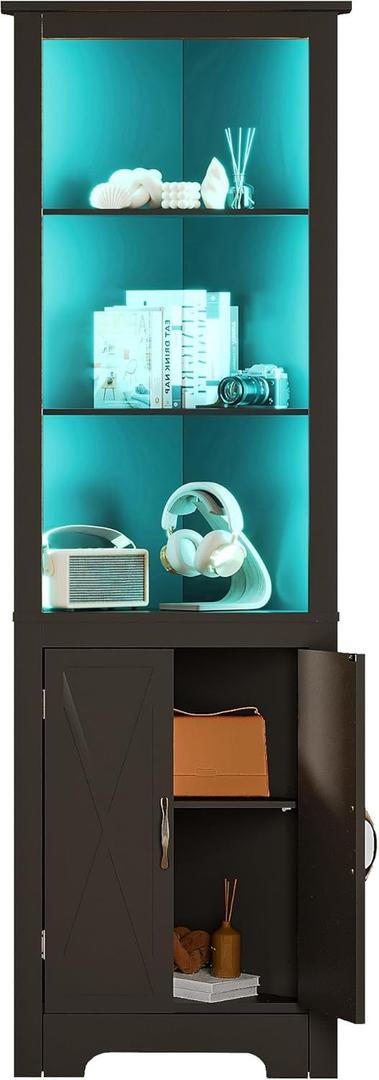 ChooChoo Tall Corner Storage Cabinet with LED Lights, 5-TierBookshelf Stand with Barn Doors, 66.9" Gothic Corner Display Cabinet with Adjustable Shelf for Living Room, Gaming Room, Black