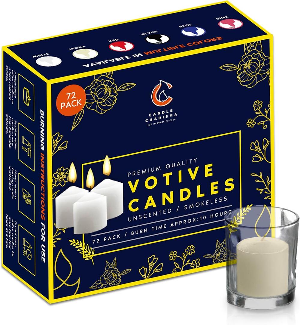 Candle Charisma White Unscented Votive Candles - 10 Hour Burn time - Set of 72 for Dinner, Wedding, Halloween and Holiday Decorations
