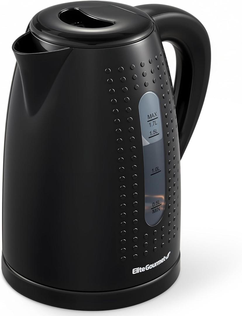 Elite Gourmet EKT5051 1.7L Electric Water Kettle, BPA-Free, Fast Boil, Auto Shut-Off, Boil-dry Protection, 360 Swivel Base with Cordless Serving, Clear-view Window with Water Level Markings, Black