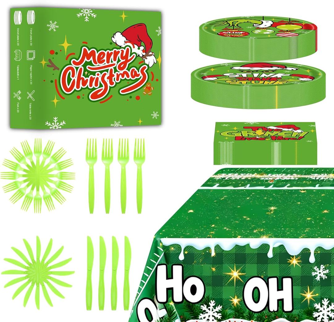 101 PCS Grinchmas Plate Set Christmas Tableware Set for Christmas Party Supplies Birthday Party Decoration