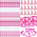 Teling 60 Pcs Breast Cancer Awareness Gift Bulk Pink Ribbon Lapel Pins Bracelets Pink Ribbon Retractable Ball Point Pens for Cancer Patients Survivor Campaign Theme Charity Event Party Supplies