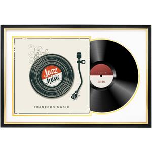 FramePro Record Frame with 2 Double Sided Mats (White over Gold), Jukebox Record Album Frames for 12x12 LP Covers, Vinyl Record Display Wall Mounting, Home Decor, Black Picture Frame with Gold Trim, 16x23.5 White over Gold Mat
