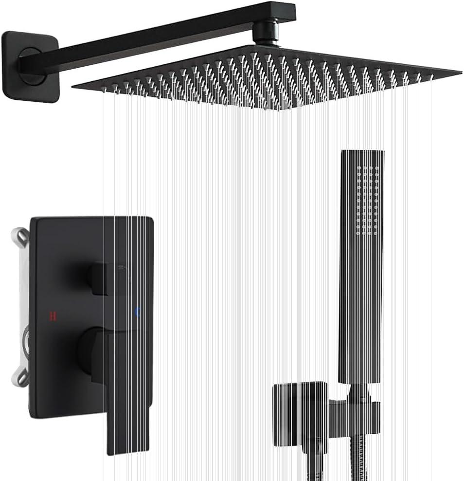 Matte Black Shower System 12 Inch Bathroom Luxury Rain Mixer Shower Combo Set Wall Mounted Rainfall Shower Head and Handheld System Shower Faucet Set Rough-in Valve Body and Trim Included (12 Inch, Matte Black)