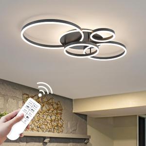 O'NEELDY Flush Mount Modern Ceiling Light Black Led Modern Light Fixtures Ceiling Mount Lights 4 Rings Led Chandelier Lamp Fixture with Remote for Living Room Kitchen Dining Room Bedroom