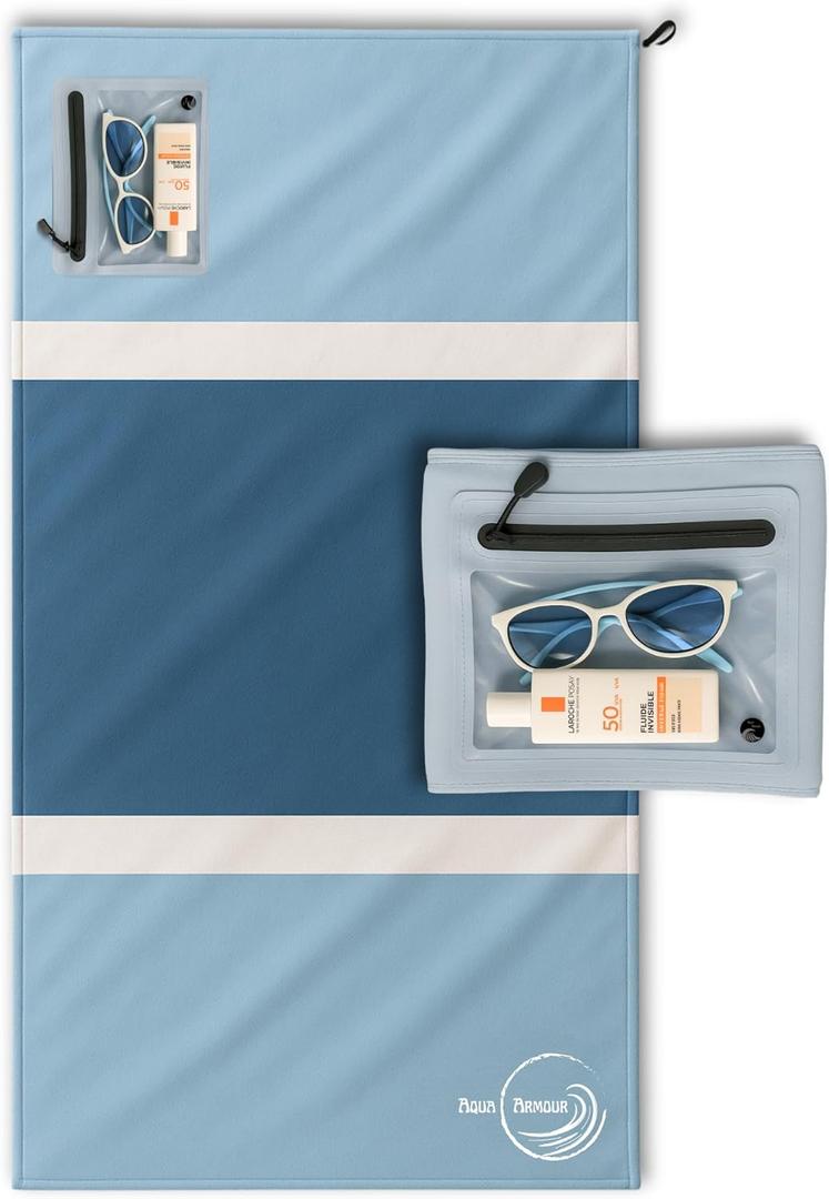 Quick Dry Beach Towel with Waterproof Phone Pocket  Sand Free, Compact Travel Towel for Pool, Boat, Camping & Outdoor Adventures (Blue)