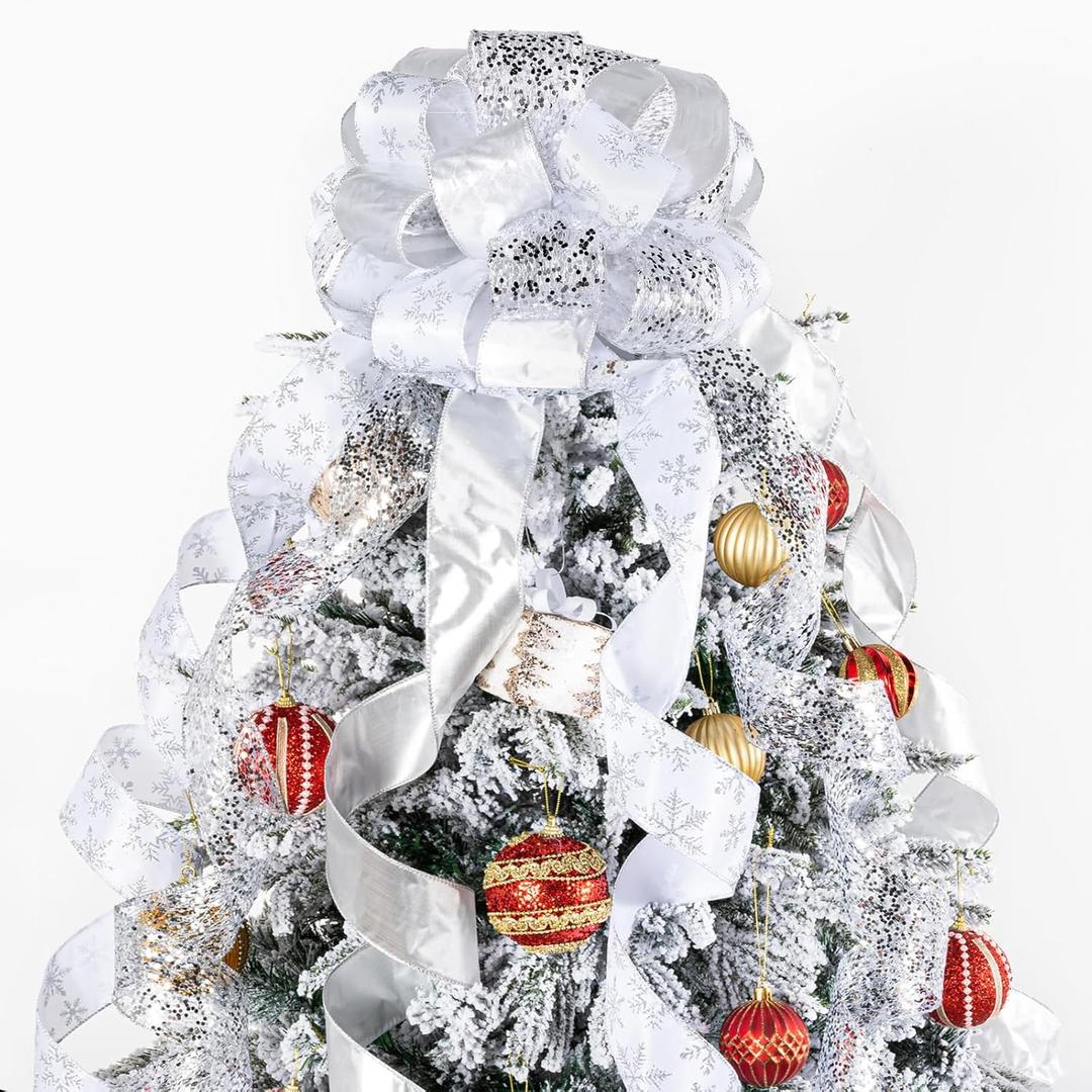 LEEQE Silver Glitter Christmas Tree Topper Bow 11 Inch with 6 Ribbon Tails 3 Yards Long Wired Ribbon for Holiday Easy Style Party Decoration