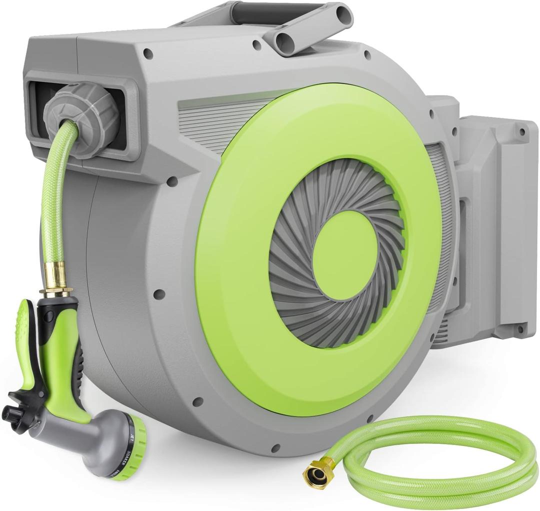5/8" x 85 ft Retractable Garden Hose Reel, Wall Mount Retractable Water Hose with 10 Pattern Hose Nozzle, Any Length Lock/180 Swivel Automatic Hose Reels for Outside Garden Watering