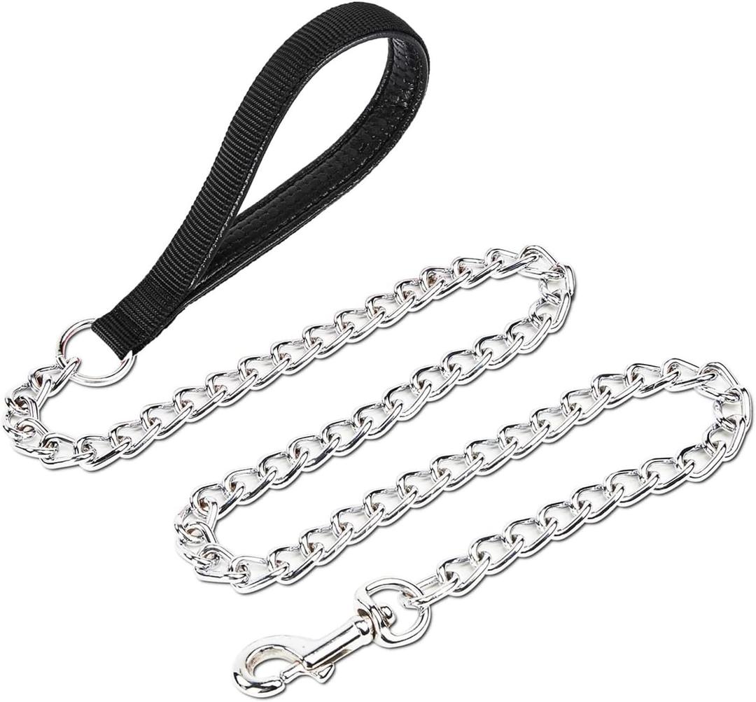 Chain Leash Metal Dog Leash Chrome Plated with Soft Padded Handle for Large Dogs.(XL, Black Handle)