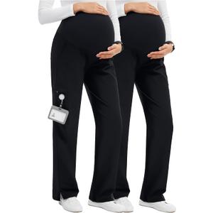 GLAMIX Women's Maternity Scrub Pants Stretchy Straight-Leg Medical Pants with 5 Pockets and Side Vents(Black/Black, M)