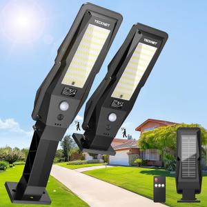 TECKNET Solar Street Lights Outdoor Waterproof - Dusk to Dawn Solar Powered Street Lights IP66, Pole & Wall, with Motion Sensor & Remote, 3 Work Mode, Security Light for Driveway, Yard, Garage, 2 Pack